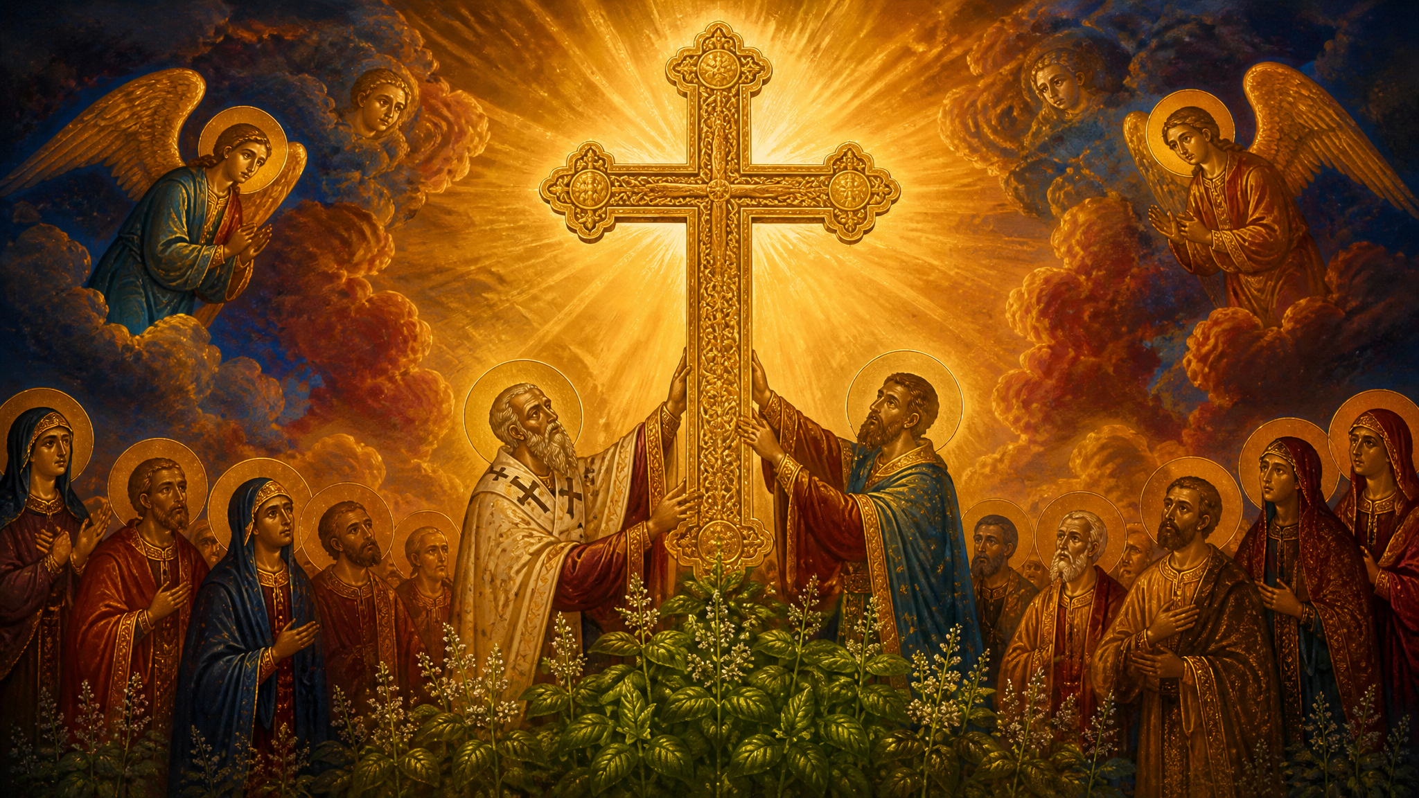 The Feast of the Exaltation of the Holy Cross — An ornate golden cross exalted against a luminous sky